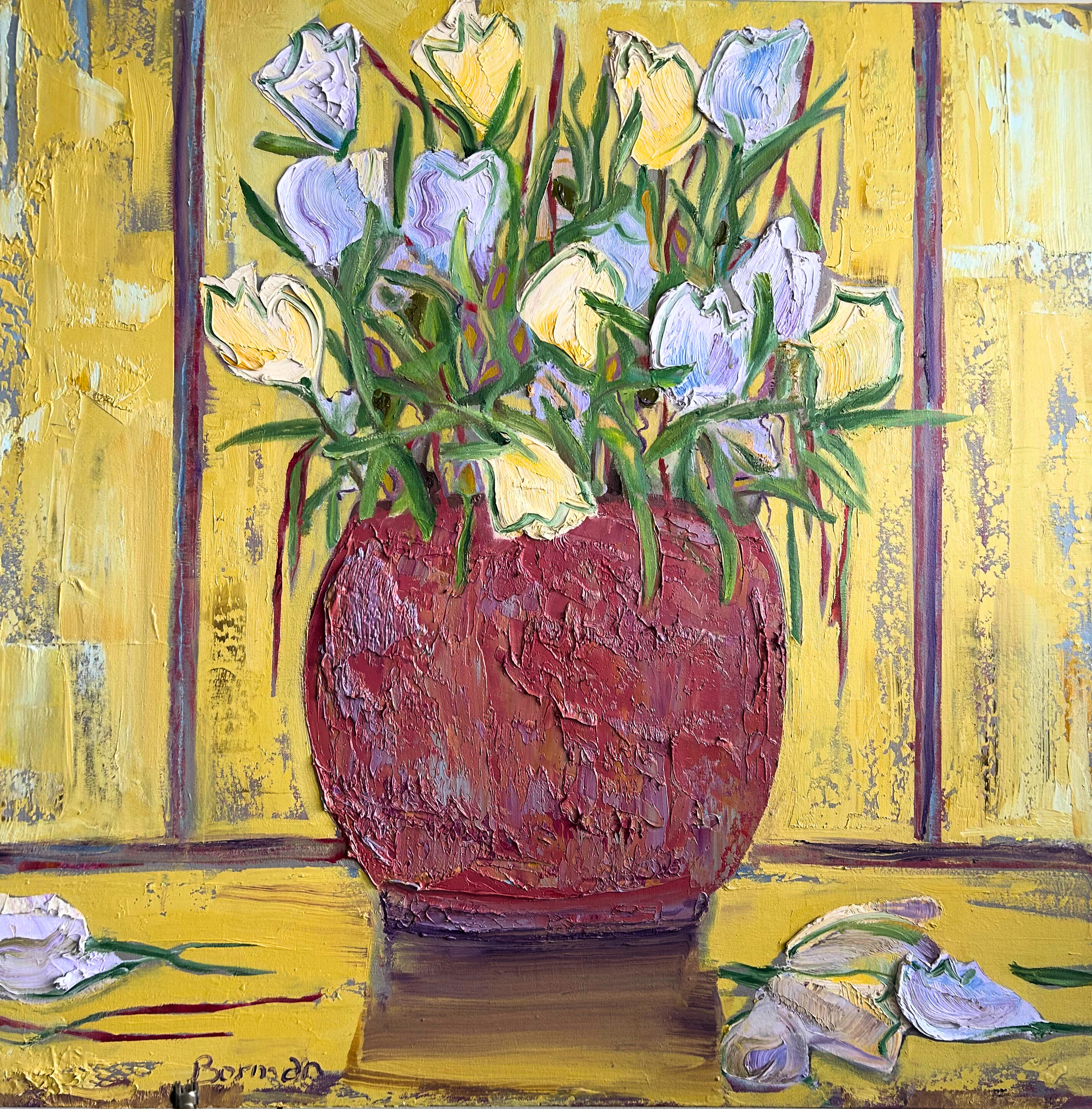 Yellow and Soft Violet Tulips on Yellow Ground, 36x36