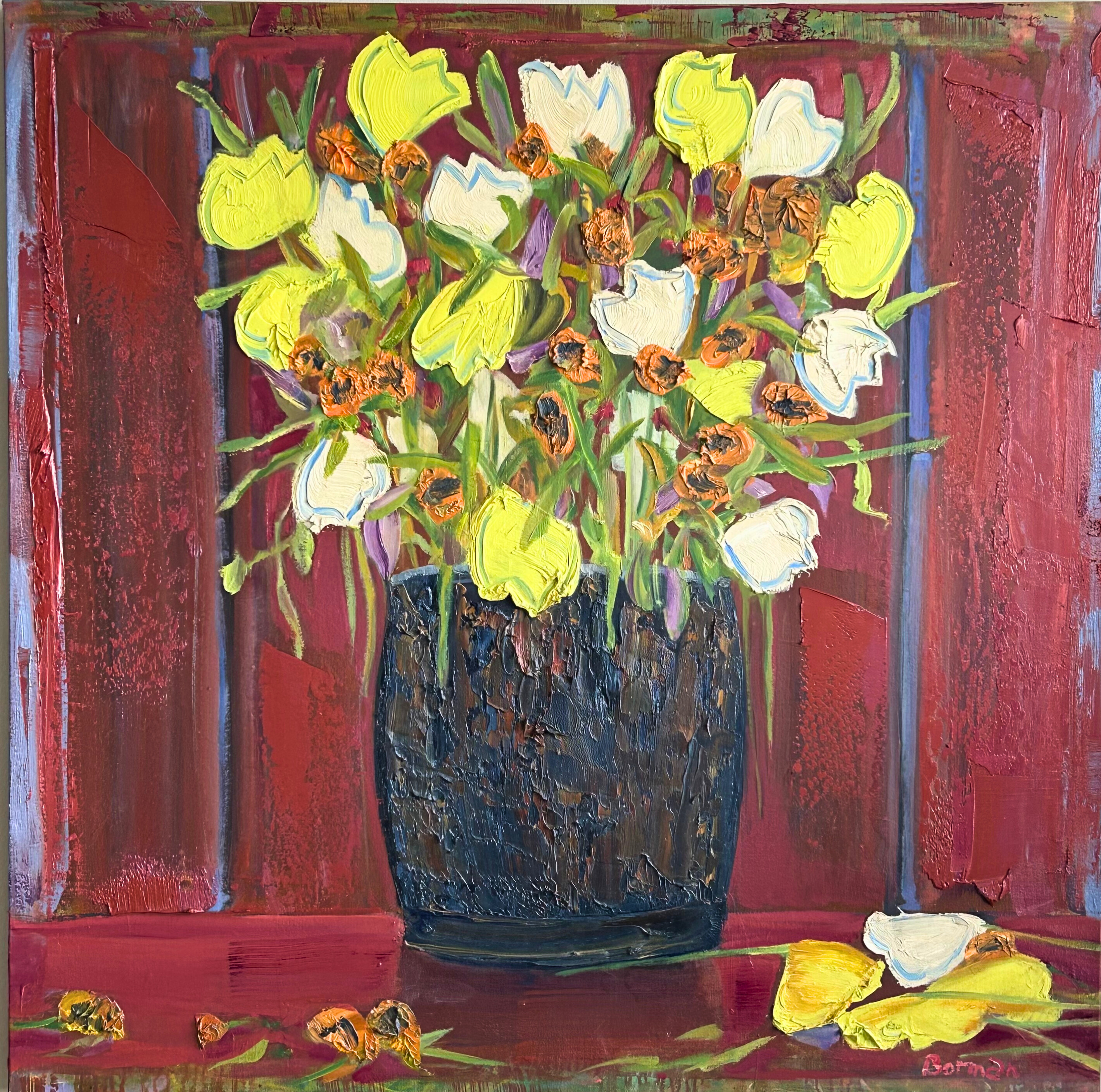 Tulips on Crimson Ground, Oil on Canvas, 36" x 36"